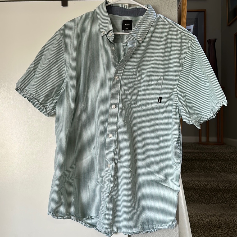 Green and white striped button down